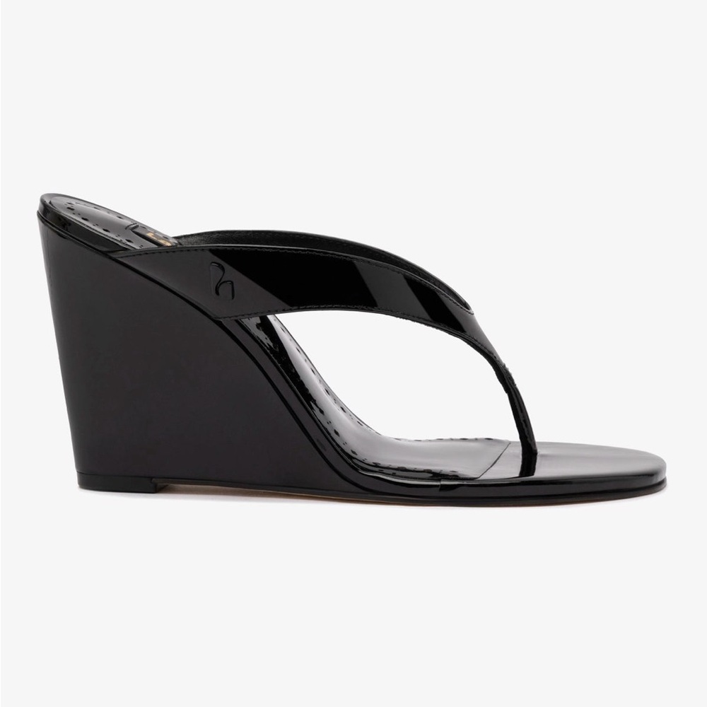 Larroude Glossy Black Wedge Sandals